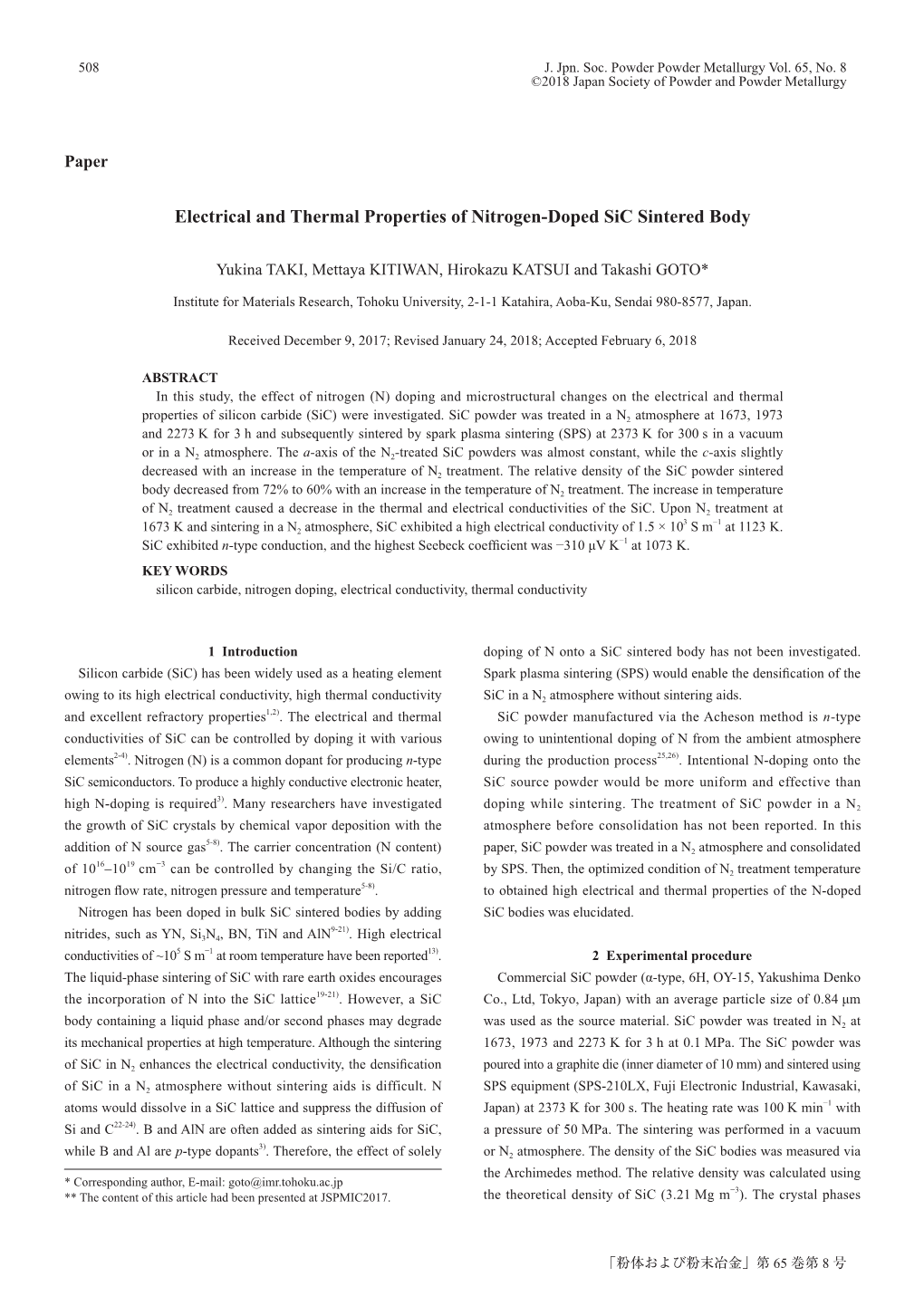 Electrical and Thermal Properties of Nitrogen-Doped Sic Sintered Body