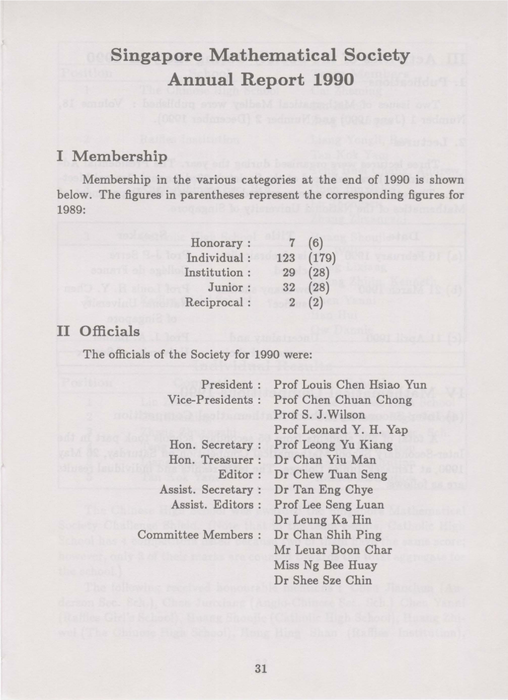 Singapore Mathematical Society Annual Report 1990