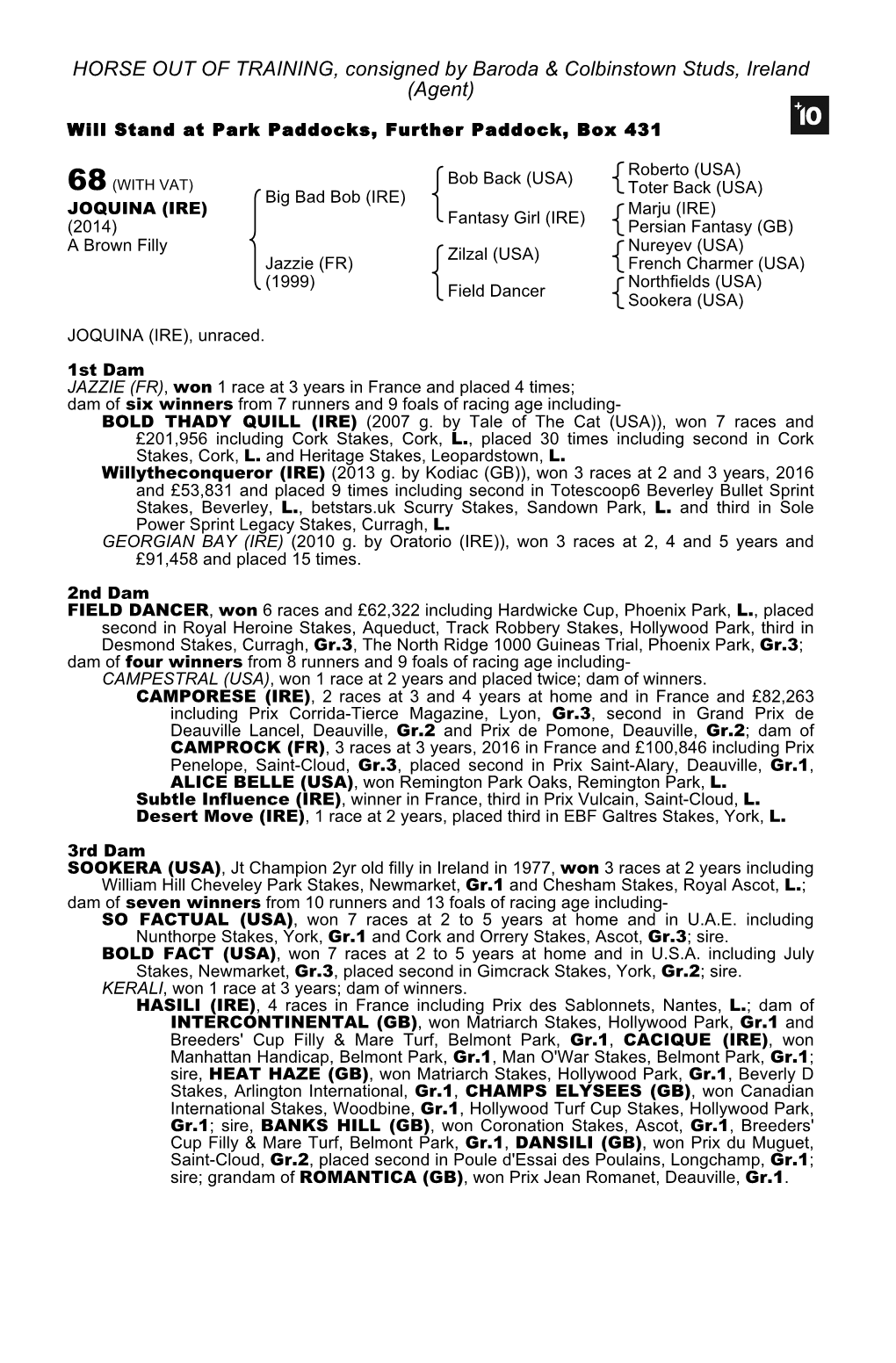 HORSE out of TRAINING, Consigned by Baroda & Colbinstown Studs, Ireland (Agent)