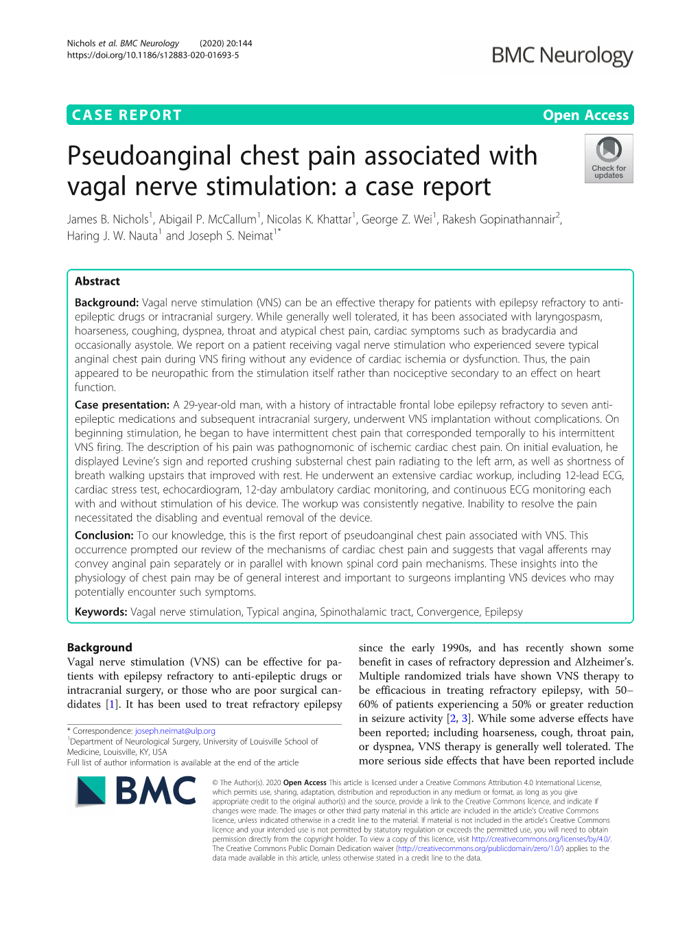 Pseudoanginal Chest Pain Associated with Vagal Nerve Stimulation: a Case Report James B