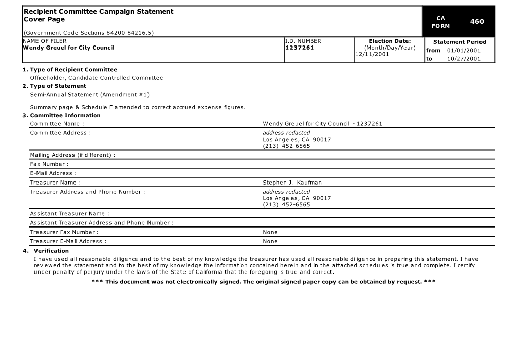 Recipient Committee Campaign Statement Cover Page CA 460 FORM (Government Code Sections 84200-84216.5) NAME of FILER I.D