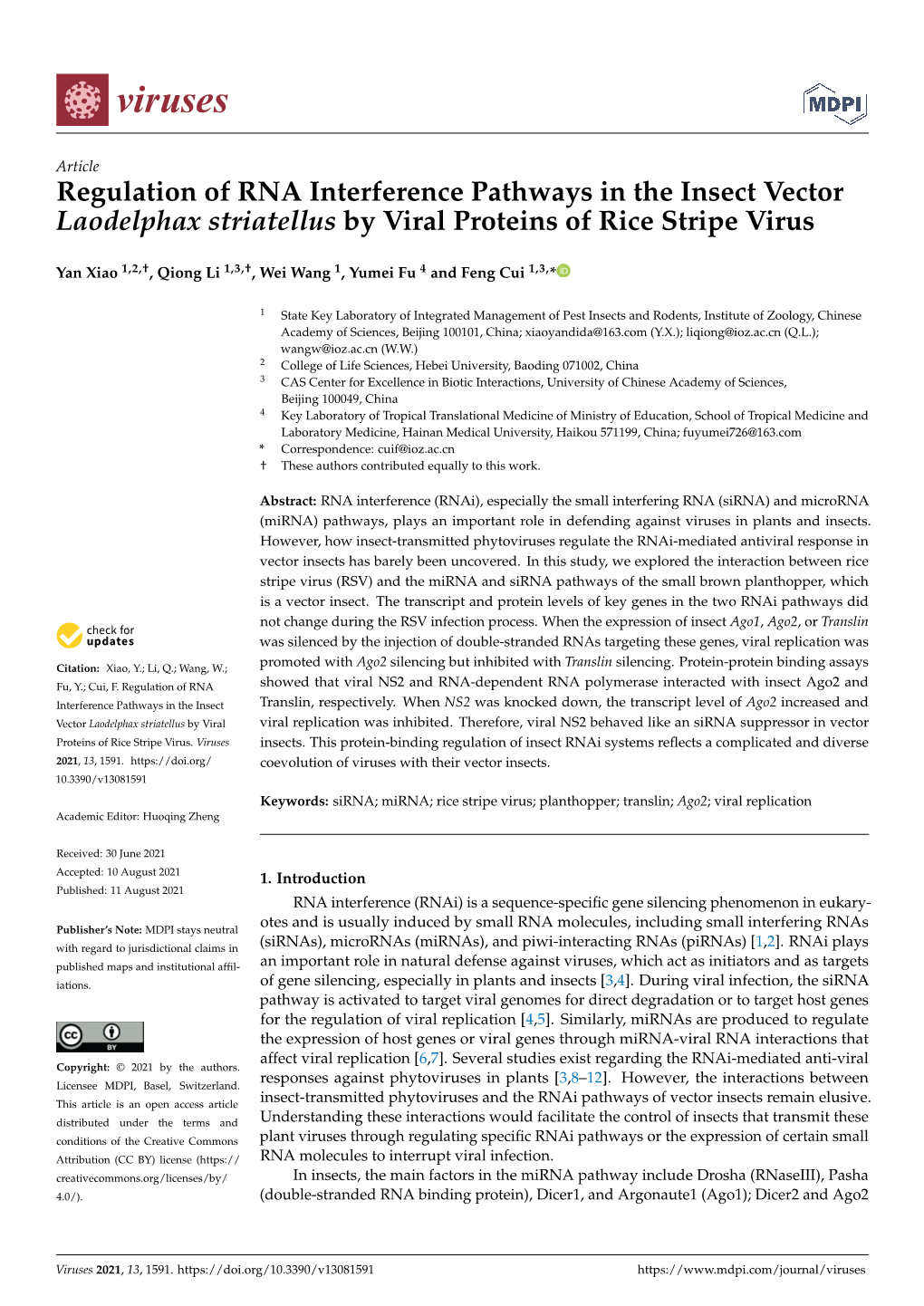 Regulation of RNA Interference Pathways in the Insect Vector Laodelphax Striatellus by Viral Proteins of Rice Stripe Virus