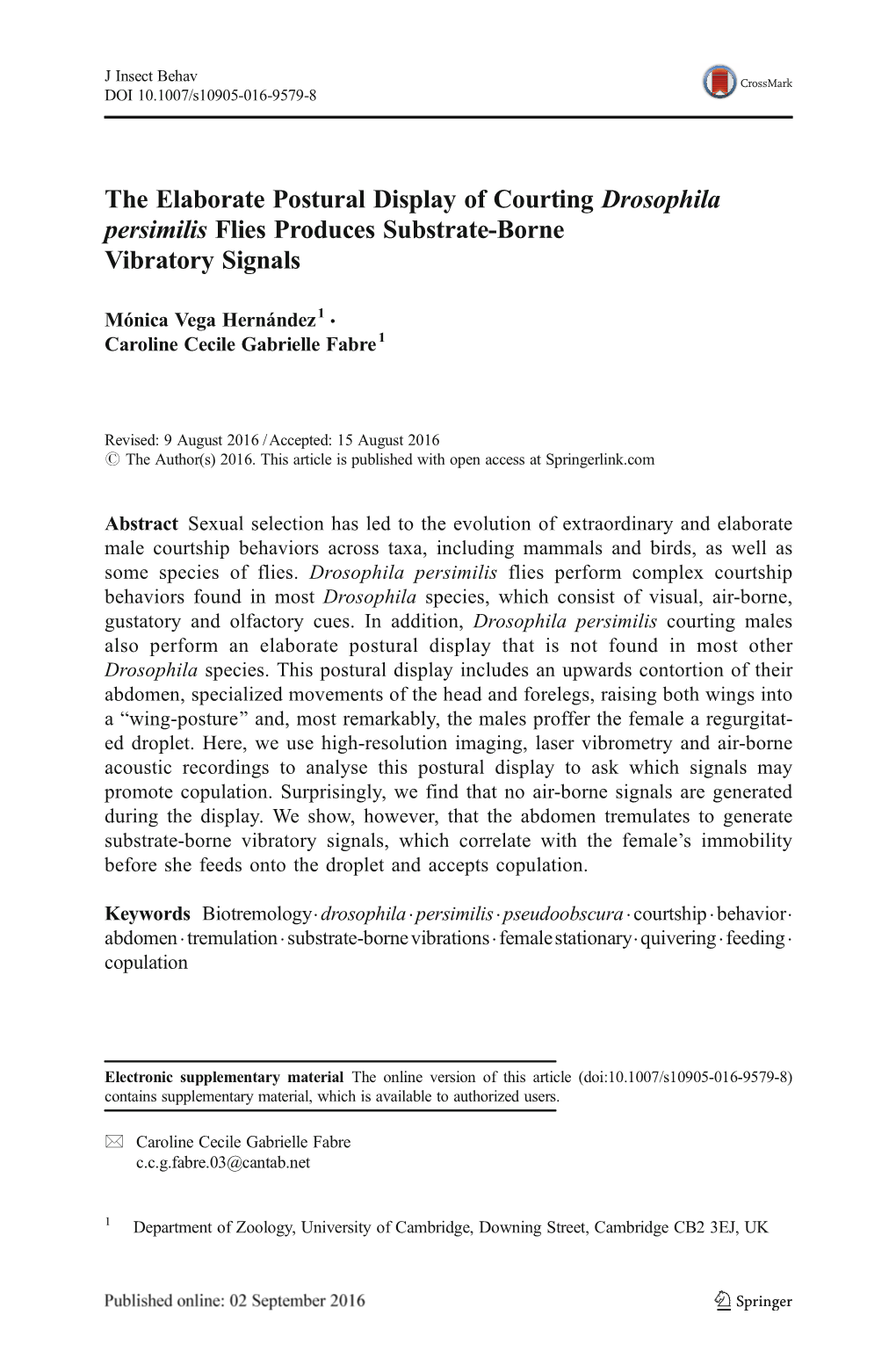 The Elaborate Postural Display of Courting Drosophila Persimilis Flies Produces Substrate-Borne Vibratory Signals