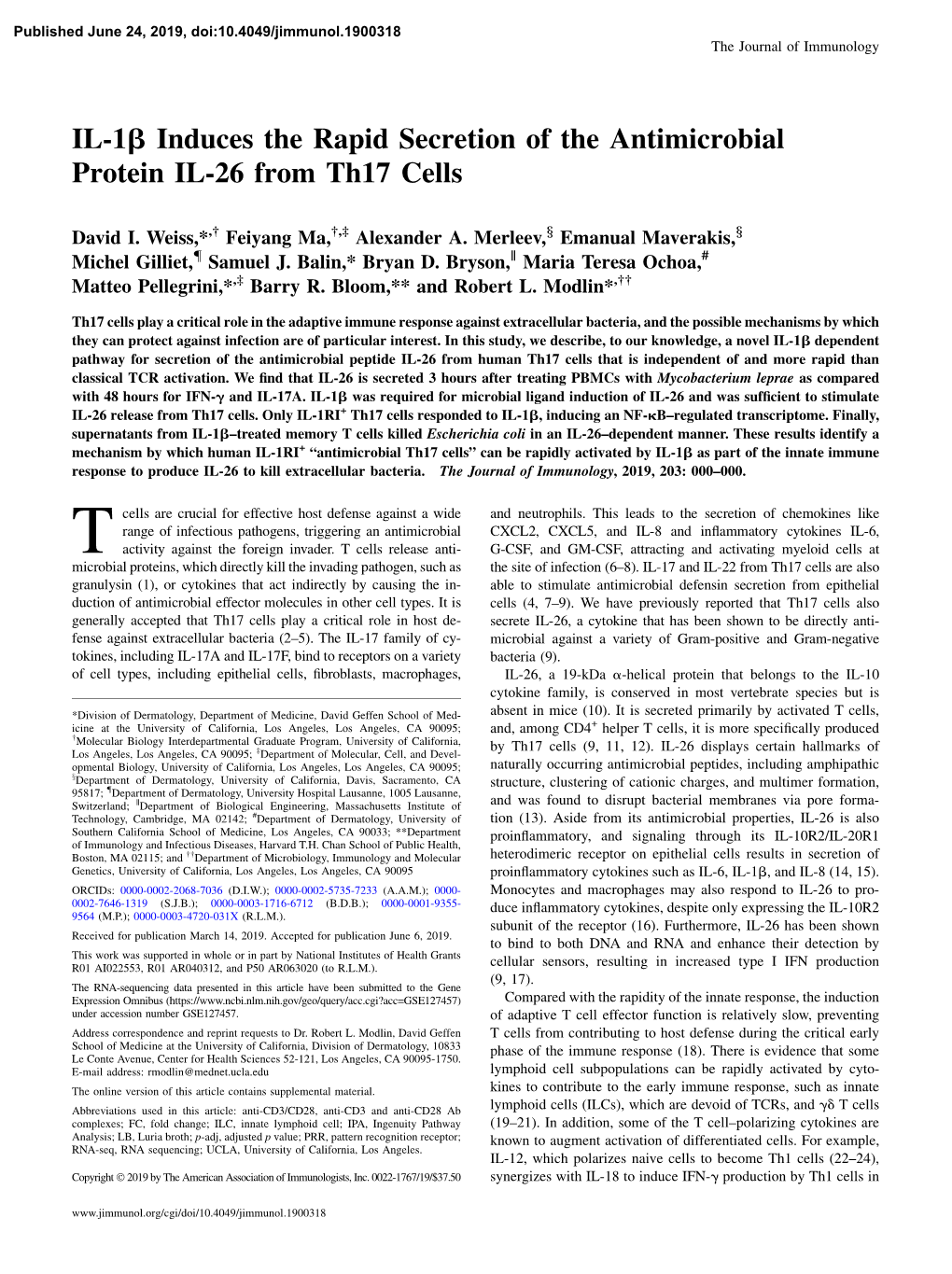 IL-1Β Induces the Rapid Secretion of the Antimicrobial Protein IL-26 From