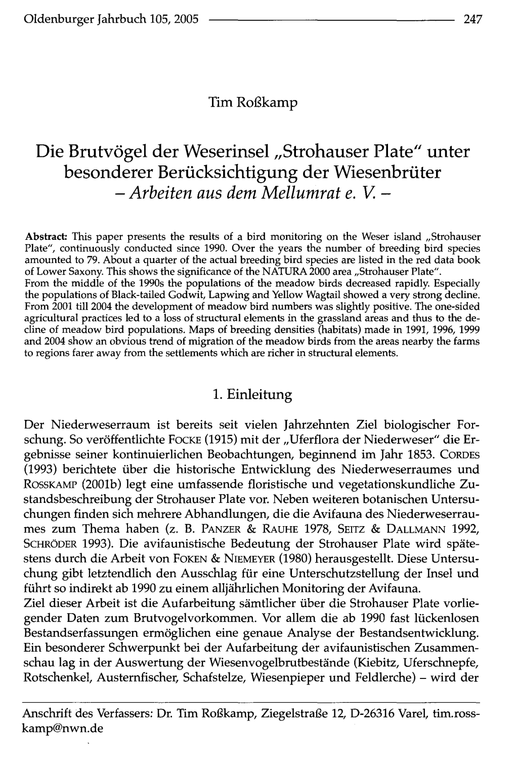 Strohauser Plate" Unter Besonderer Berücksichtigung Der Wiesenbrüter - Arbeiten Aus Dem Mellumrat E