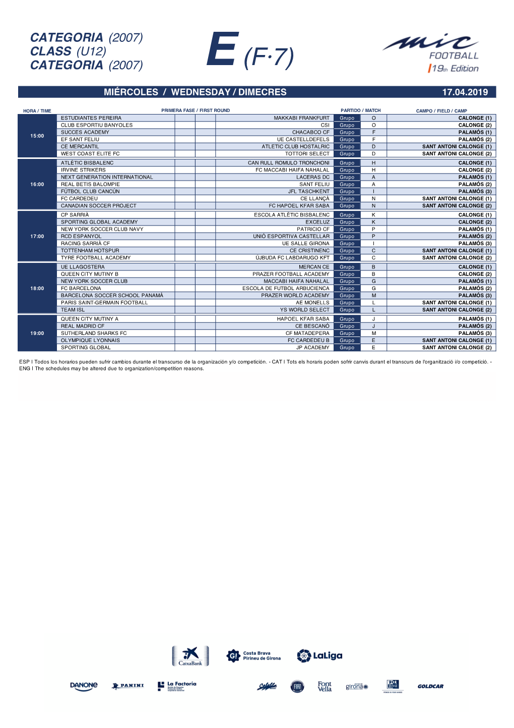 Calendario 1Ra Fase