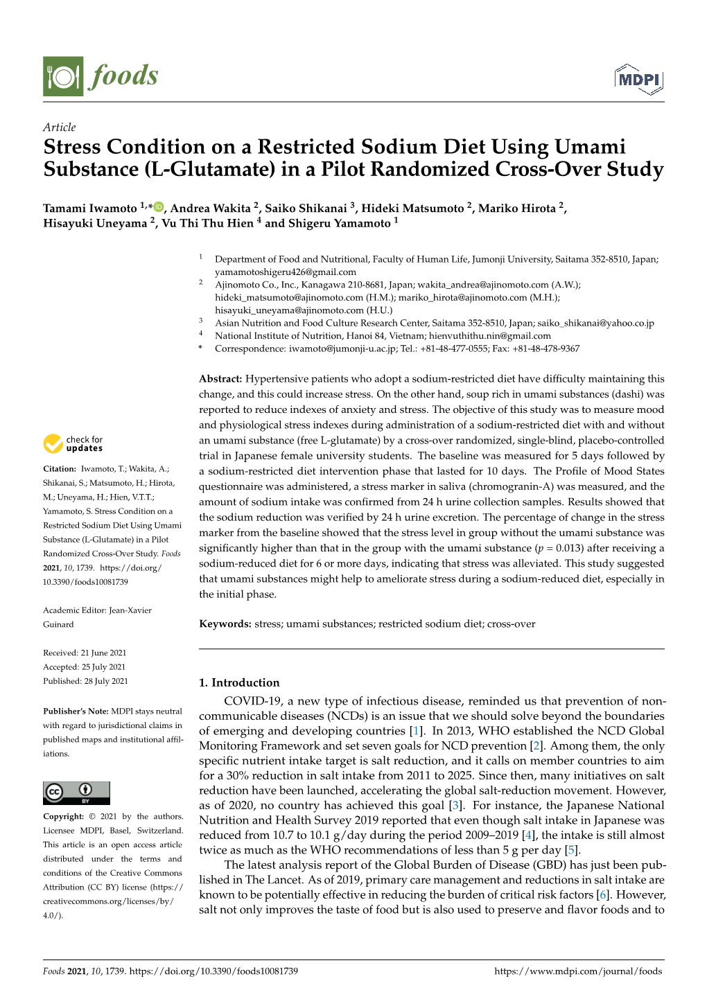 Stress Condition on a Restricted Sodium Diet Using Umami Substance (L-Glutamate) in a Pilot Randomized Cross-Over Study