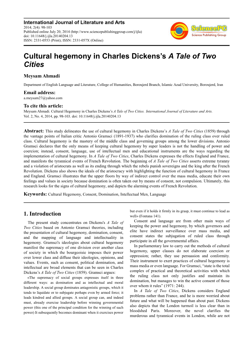 Cultural Hegemony in Charles Dickens's a Tale of Two Cities