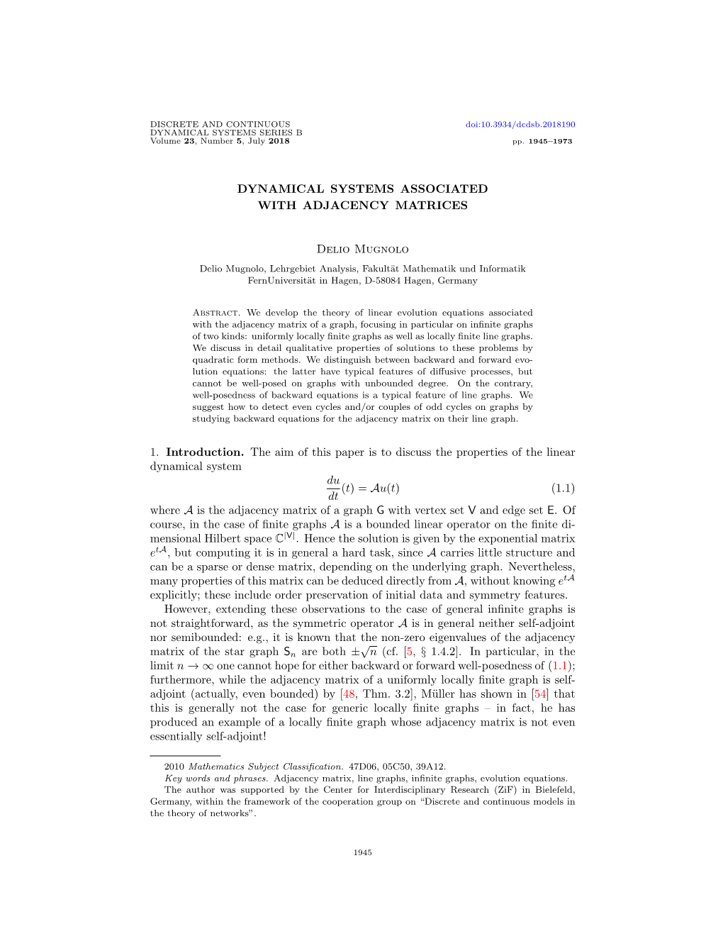 Dynamical Systems Associated with Adjacency Matrices