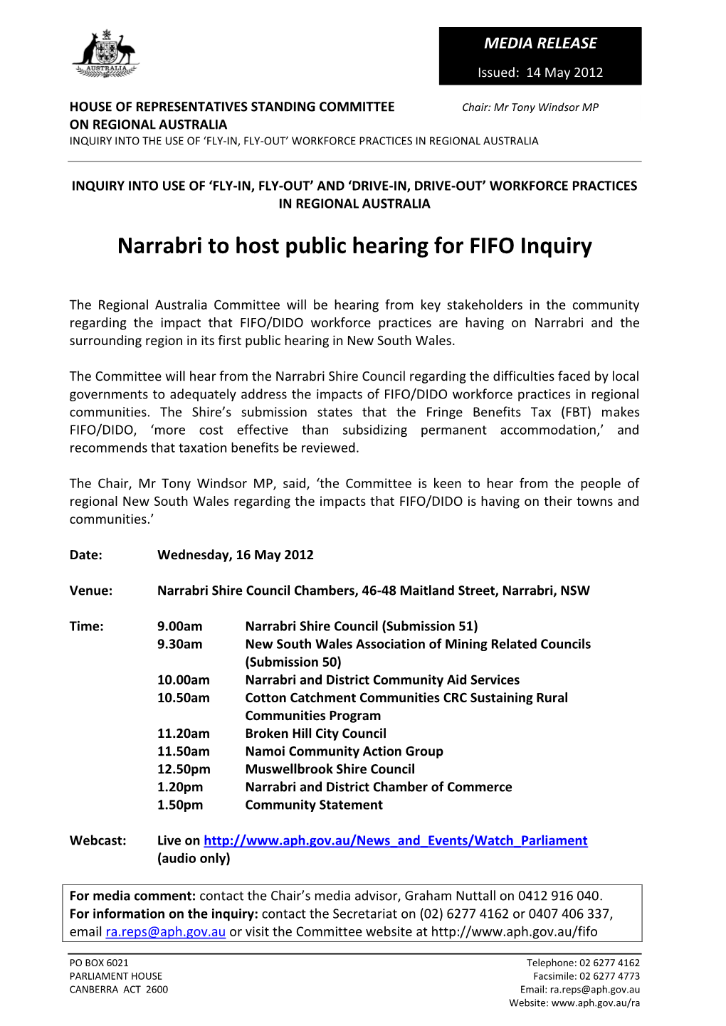 Narrabri to Host Public Hearing for FIFO Inquiry