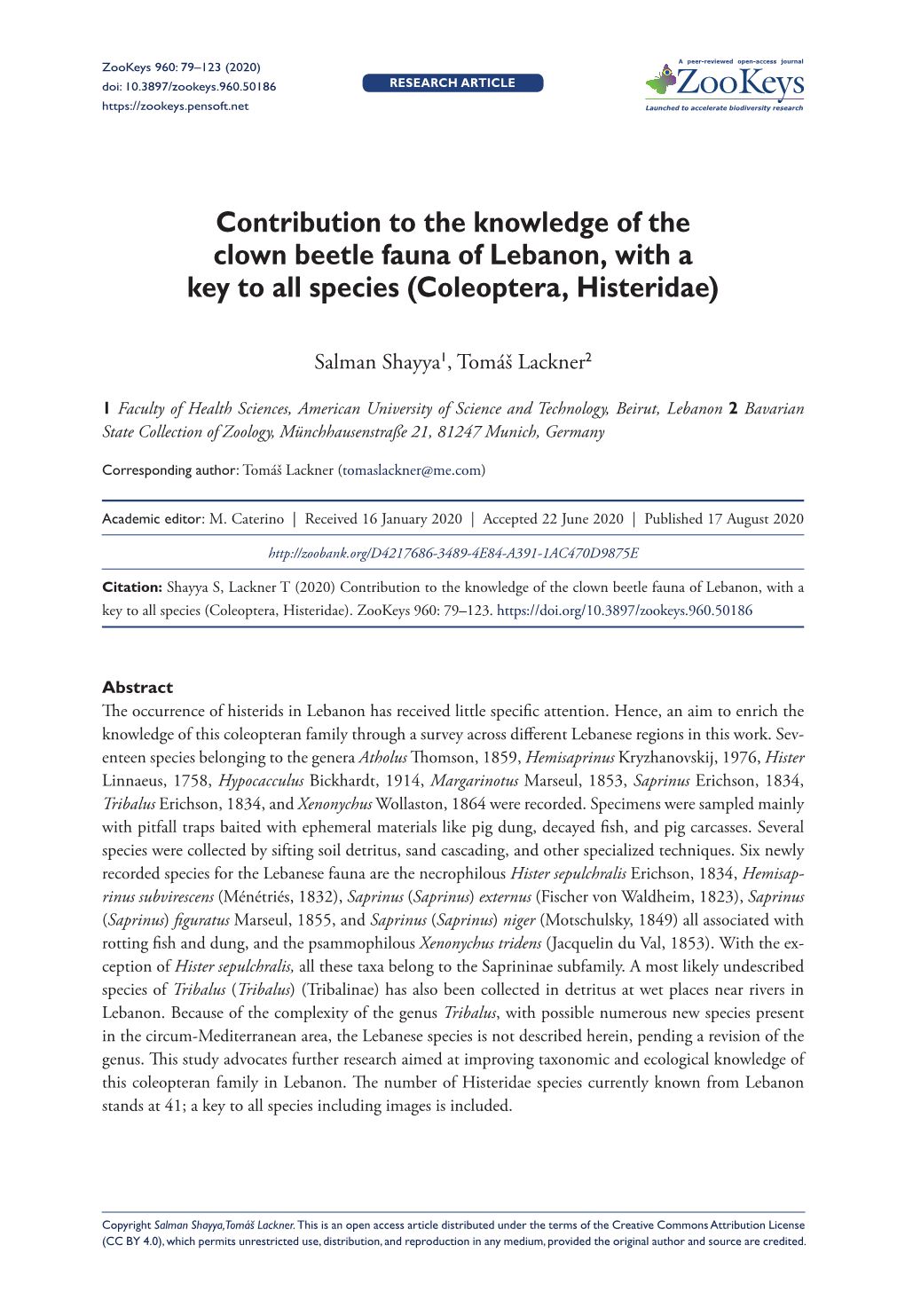 Contribution to the Knowledge of the Clown Beetle Fauna of Lebanon, with a Key to All Species (Coleoptera, Histeridae)