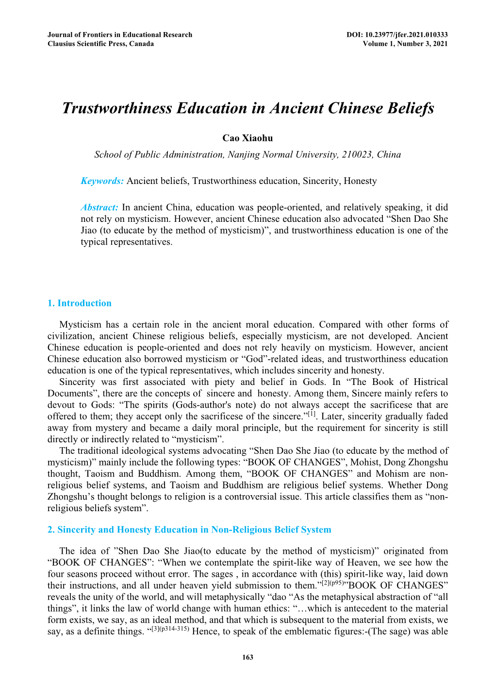 Trustworthiness Education in Ancient Chinese Beliefs