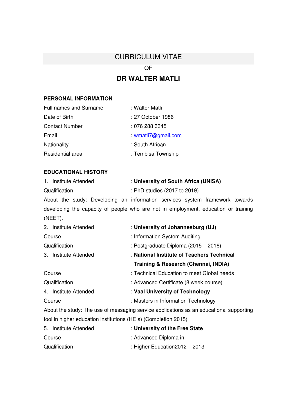 Curriculum Vitae Dr Walter Matli