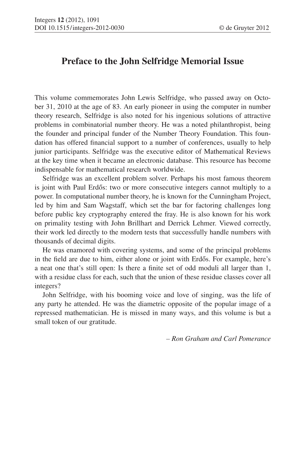 Preface to the John Selfridge Memorial Issue
