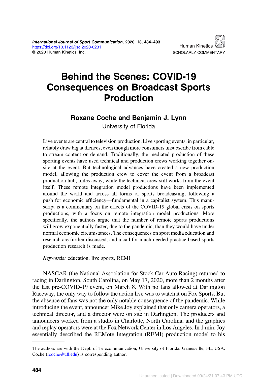 Behind the Scenes: COVID-19 Consequences on Broadcast Sports Production