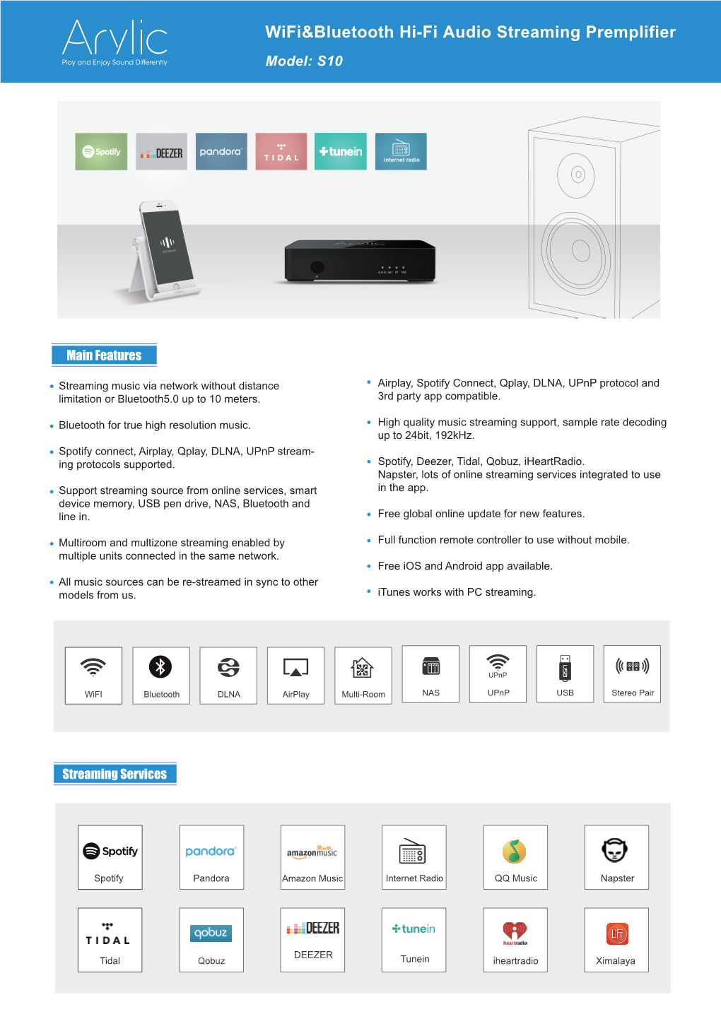 Wifi&Bluetooth Hi-Fi Audio Streaming Premplifier