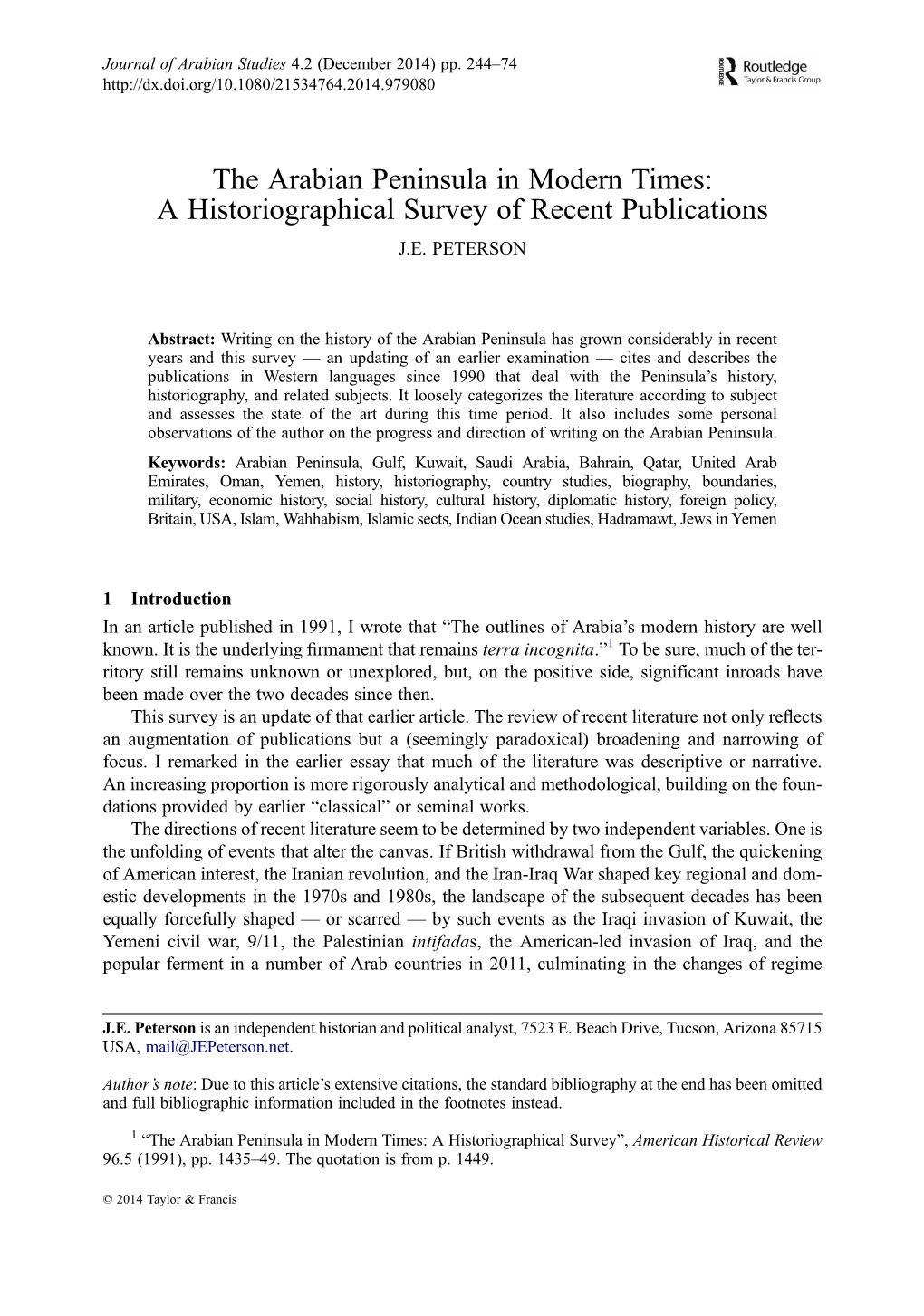 The Arabian Peninsula in Modern Times: a Historiographical Survey of Recent Publications J.E