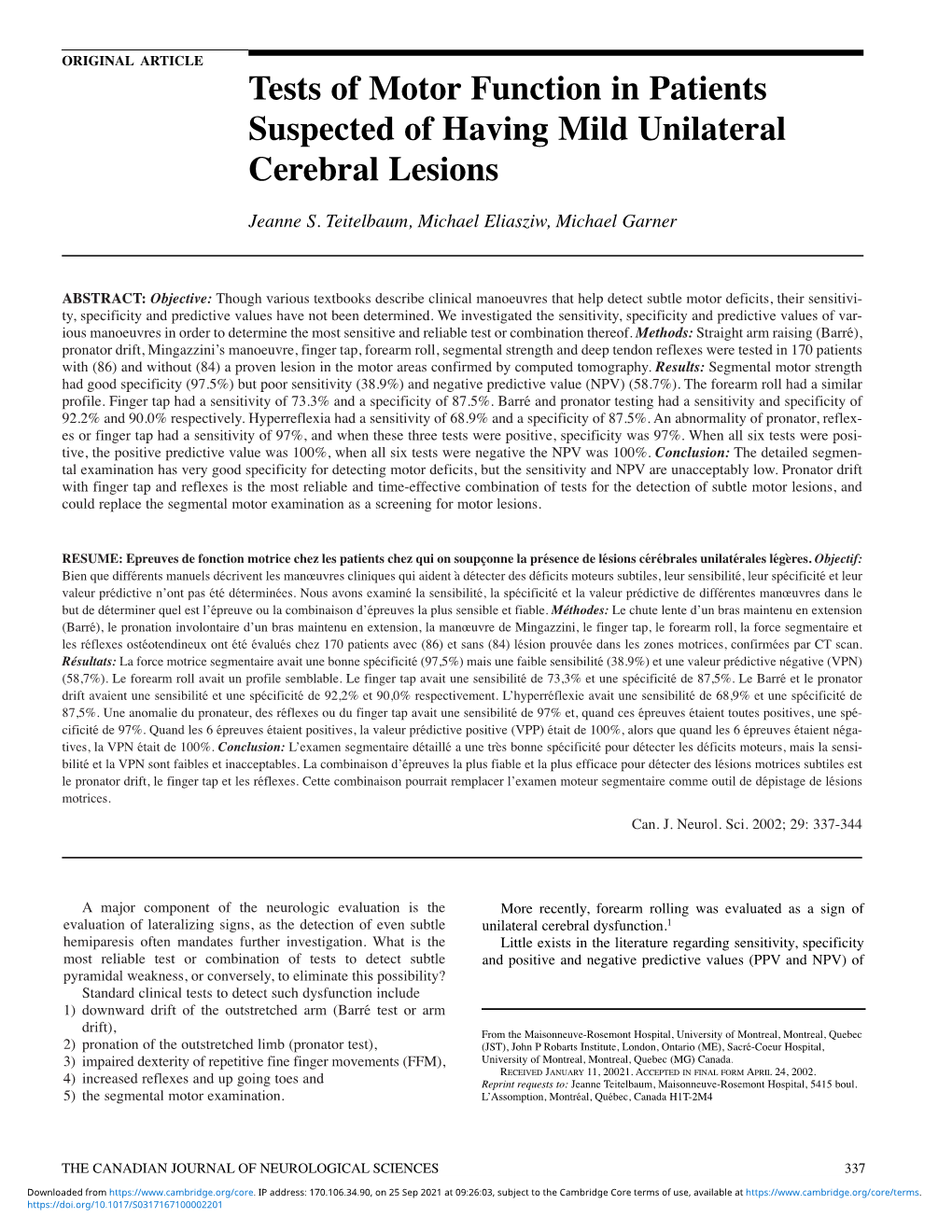 Tests of Motor Function in Patients Suspected of Having Mild Unilateral Cerebral Lesions