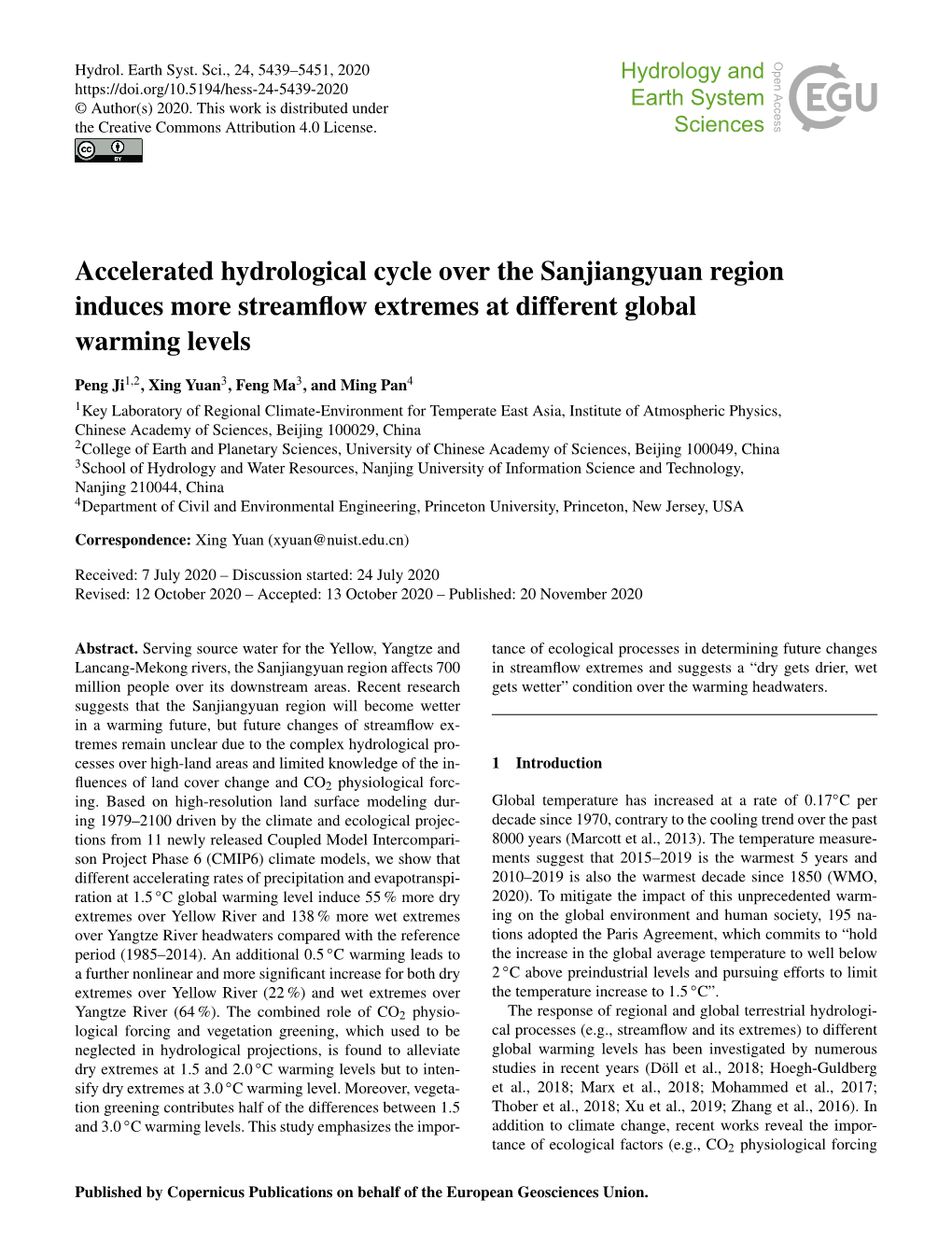 Accelerated Hydrological Cycle Over the Sanjiangyuan Region Induces More Streamﬂow Extremes at Different Global Warming Levels