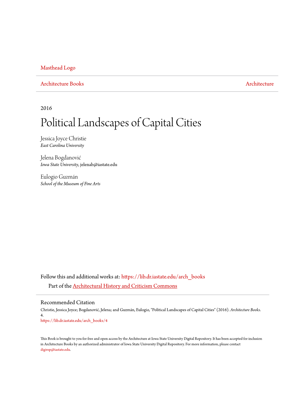 Political Landscapes of Capital Cities Jessica Joyce Christie East Carolina University