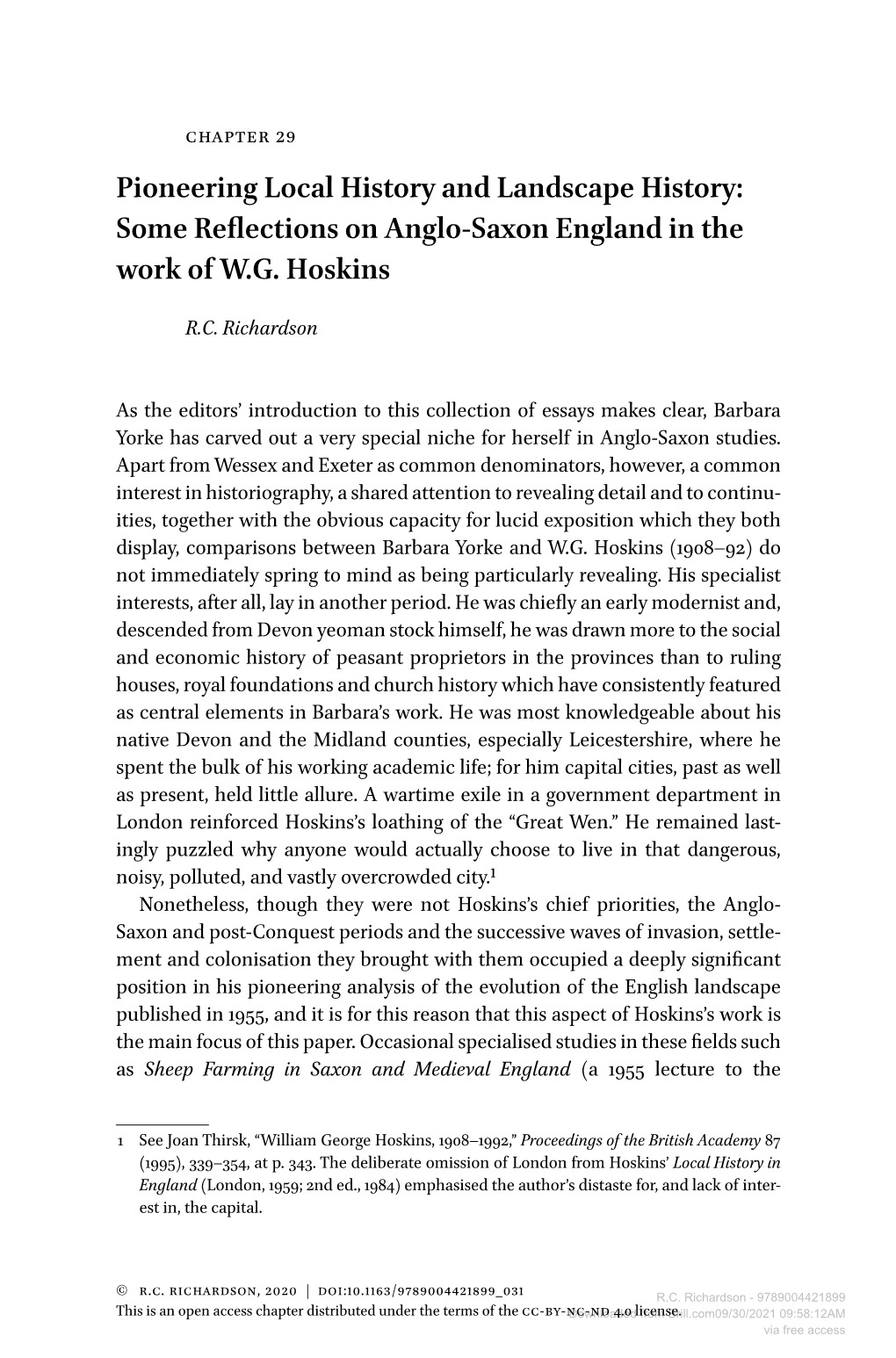 Some Reflections on Anglo-Saxon England in the Work of WG