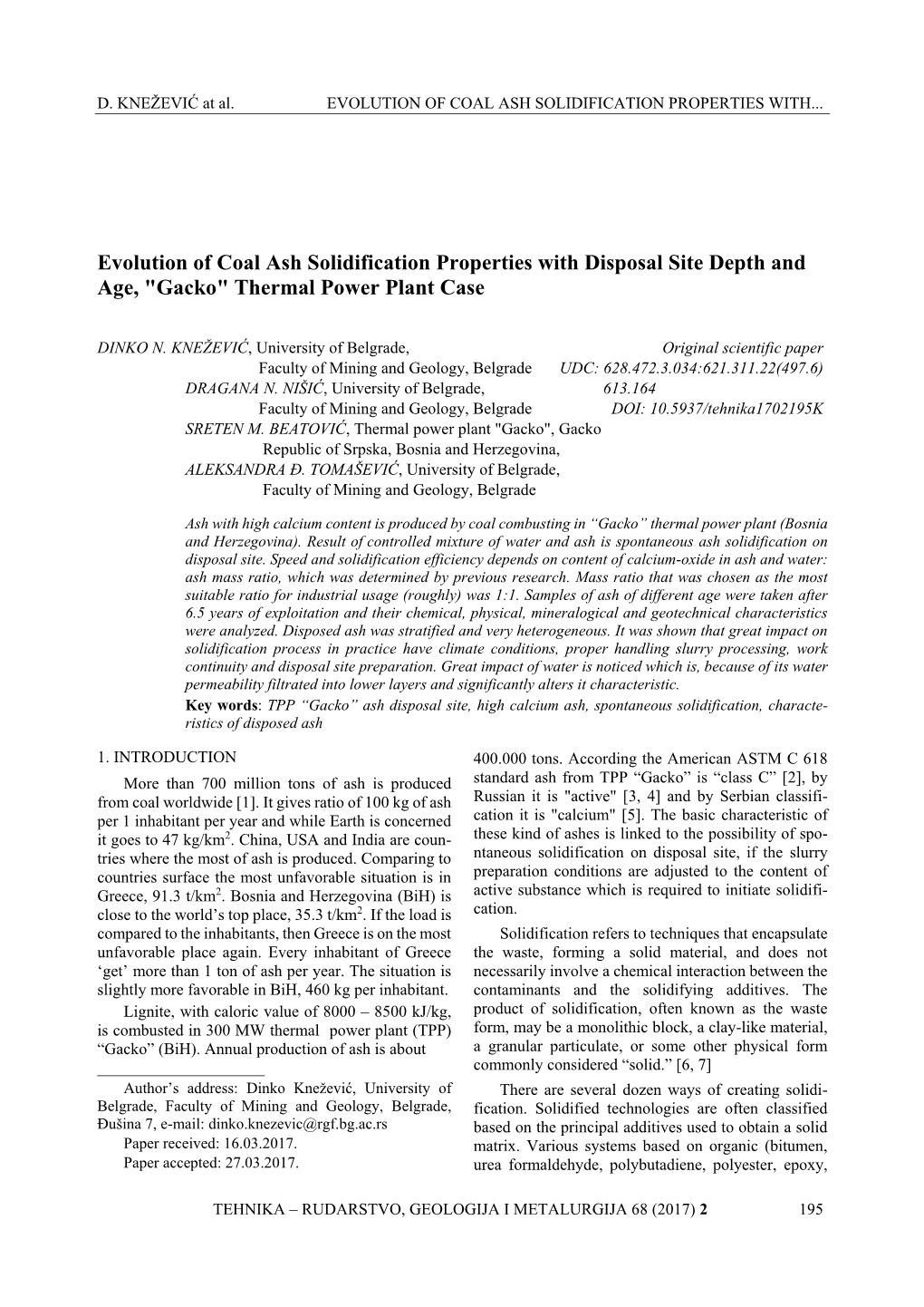 Evolution of Coal Ash Solidification Properties with Disposal Site Depth and Age, "Gacko" Thermal Power Plant Case