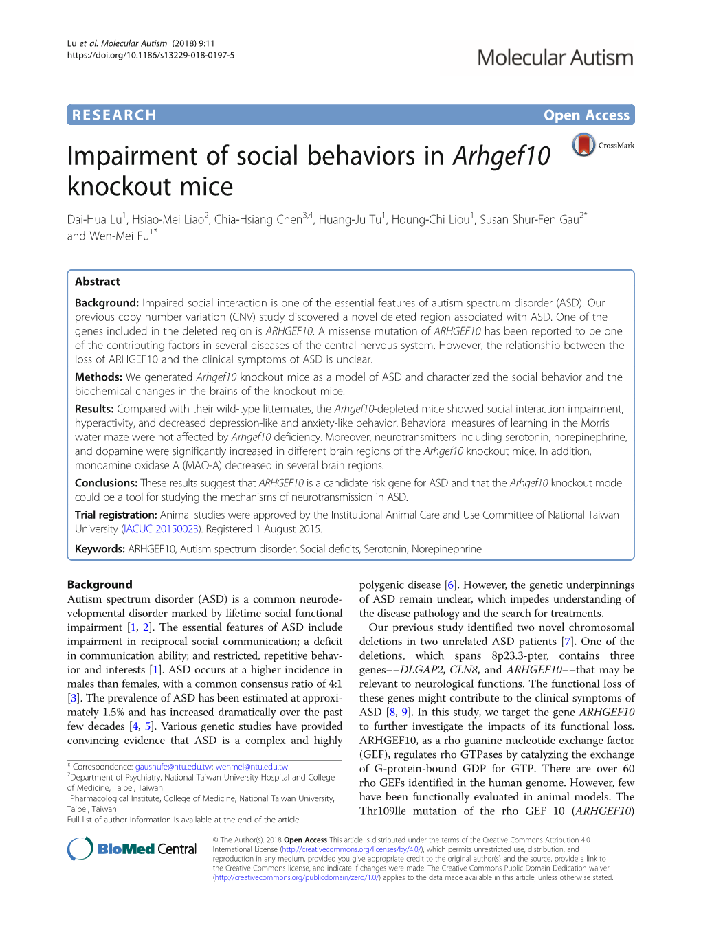 Impairment of Social Behaviors in Arhgef10 Knockout Mice