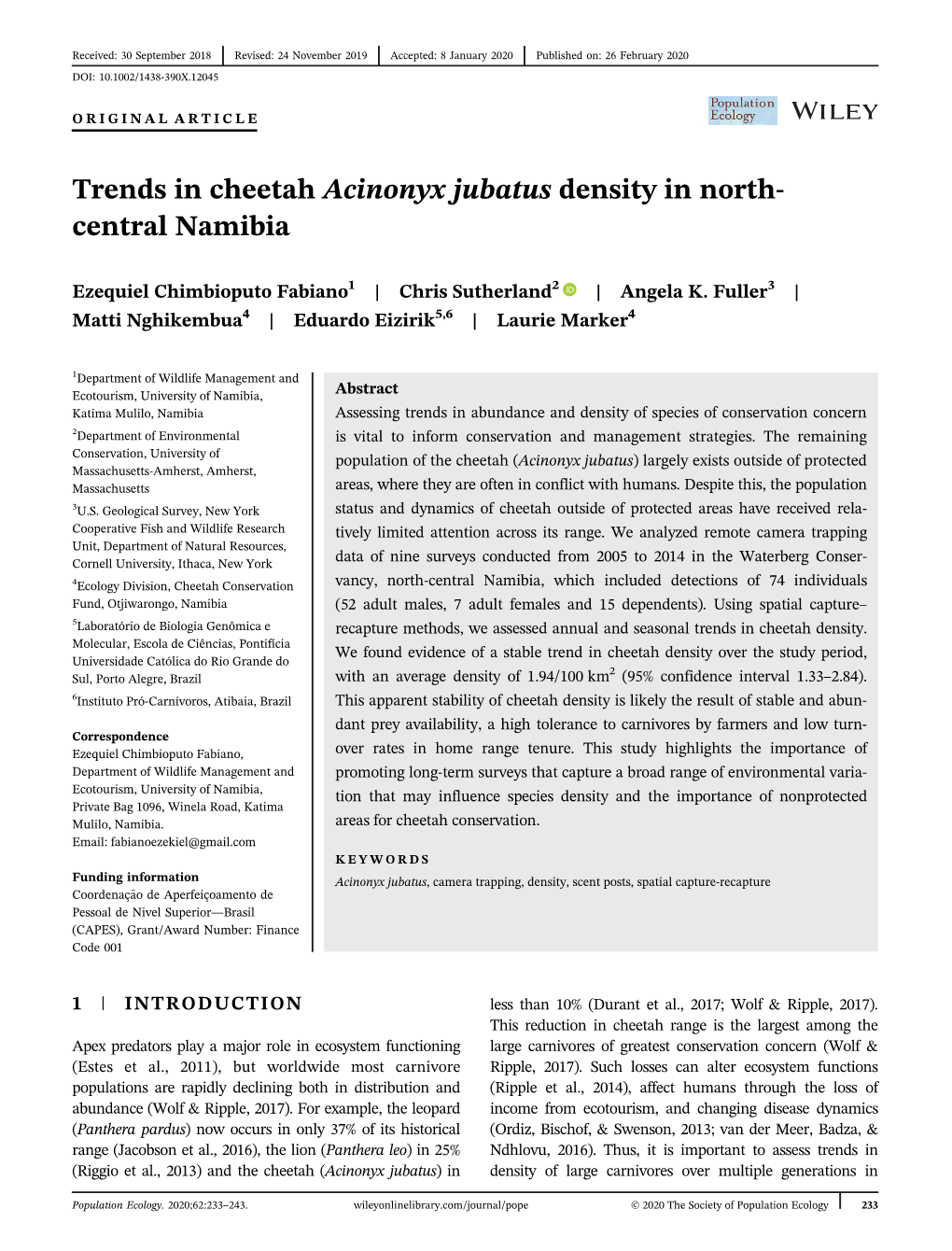 Trends in Cheetah Acinonyx Jubatus Density in North‐Central Namibia