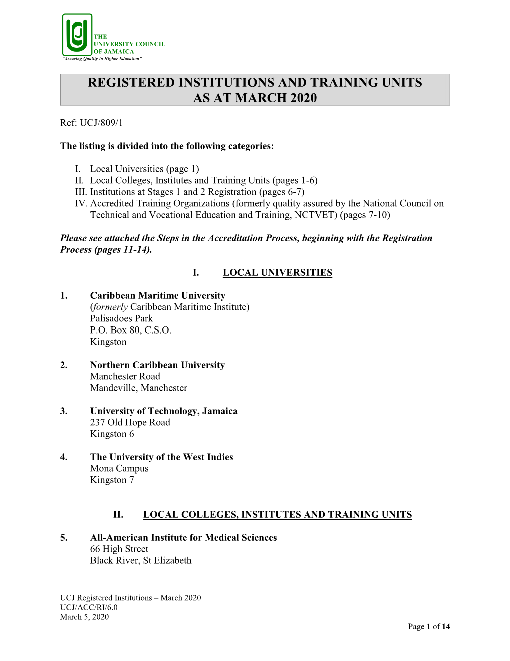 Registered Institutions and Training Units As at March 2020