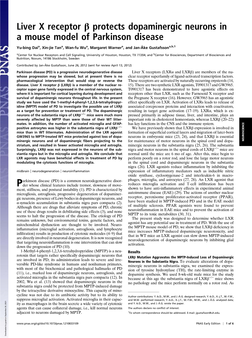 Liver X Receptor Β Protects Dopaminergic Neurons in a Mouse Model of Parkinson Disease