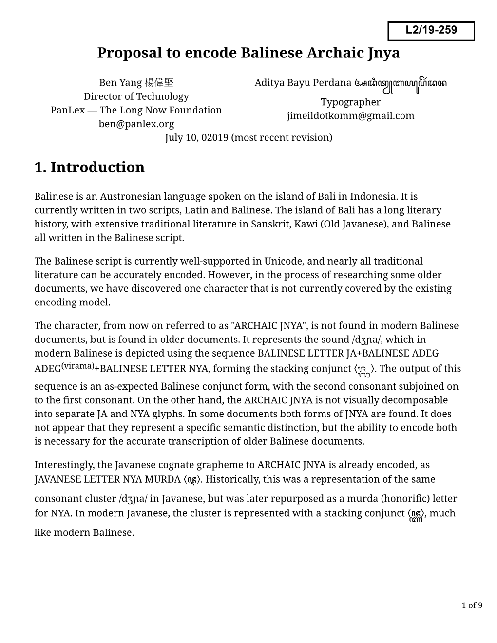 Proposal to Encode Balinese Archaic Jnya 1. Introduction