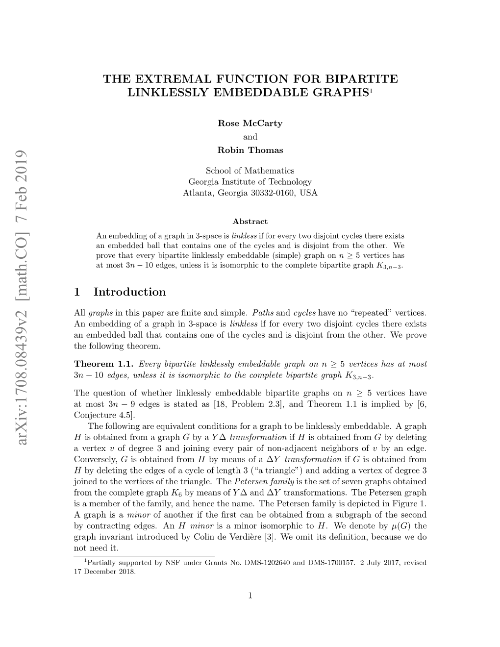 Arxiv:1708.08439V2 [Math.CO] 7 Feb 2019 Vertex a All Introduction 1 7Dcme 2018