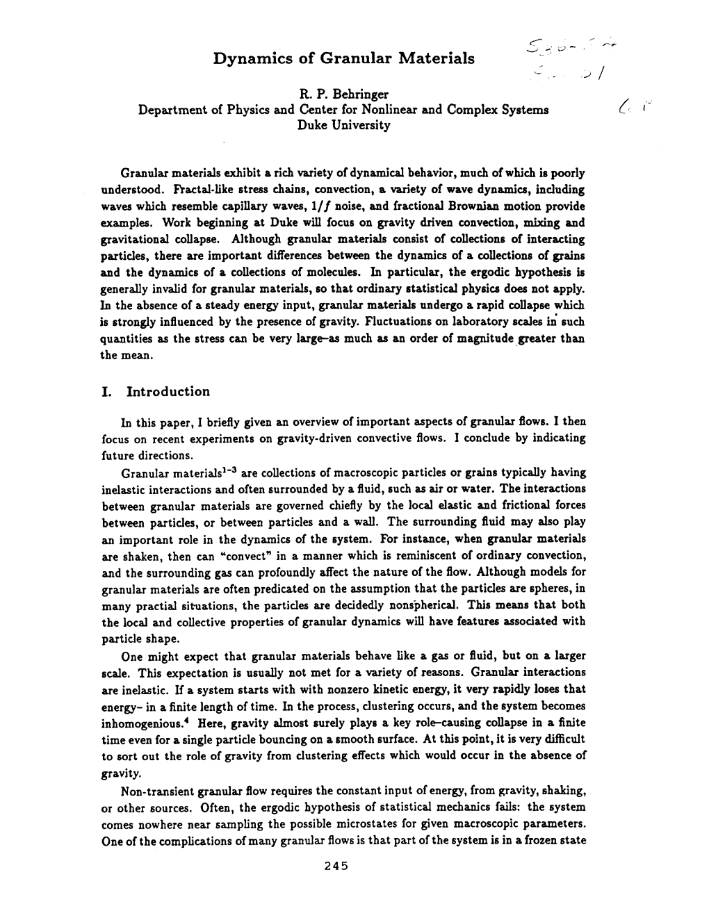 Dynamics of Granular Materials . / R. P. Behringer Department Of