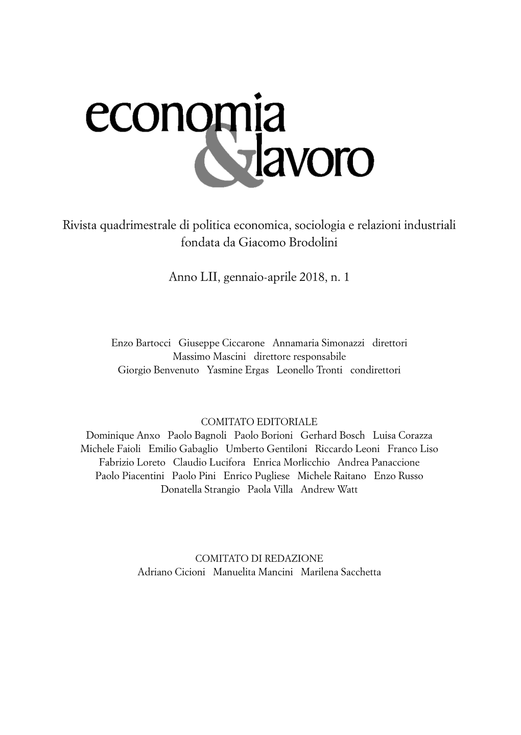 Rivista Quadrimestrale Di Politica Economica, Sociologia E Relazioni Industriali Fondata Da Giacomo Brodolini