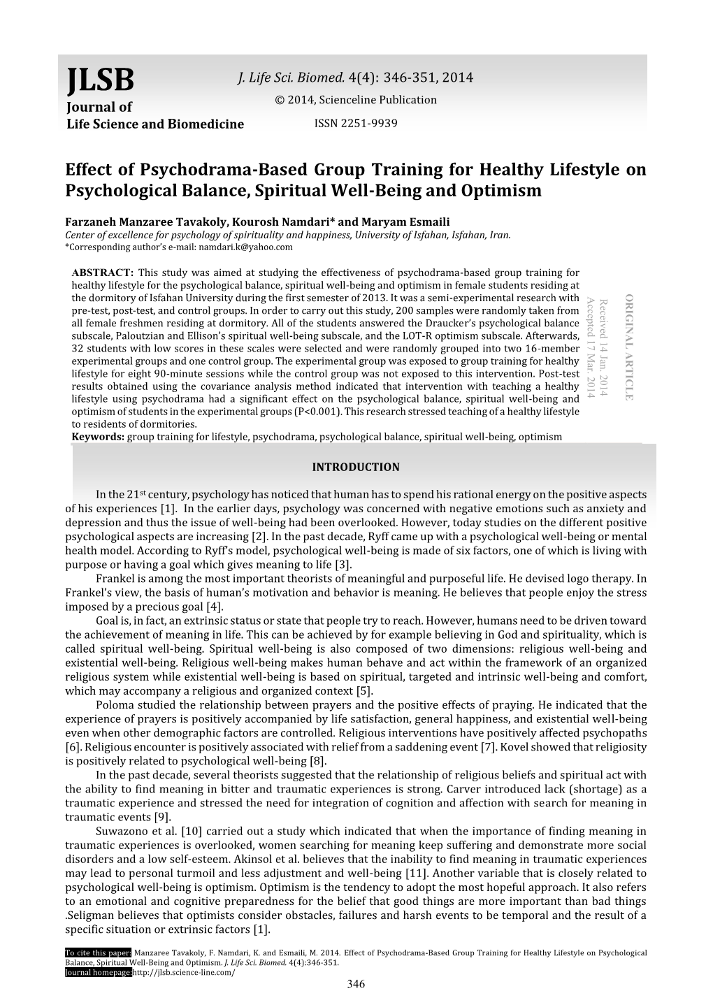 Effect of Psychodrama-Based Group Training for Healthy Lifestyle on Psychological Balance, Spiritual Well-Being and Optimism