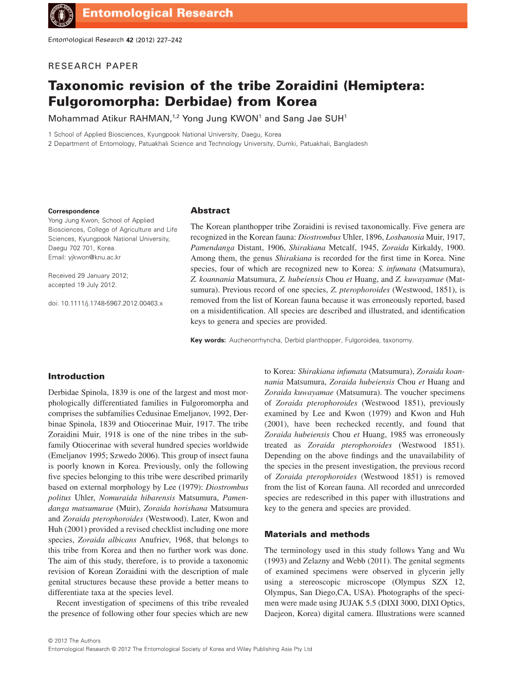 Hemiptera: Fulgoromorpha: Derbidae) from Korea Mohammad Atikur RAHMAN,1,2 Yong Jung KWON1 and Sang Jae SUH1