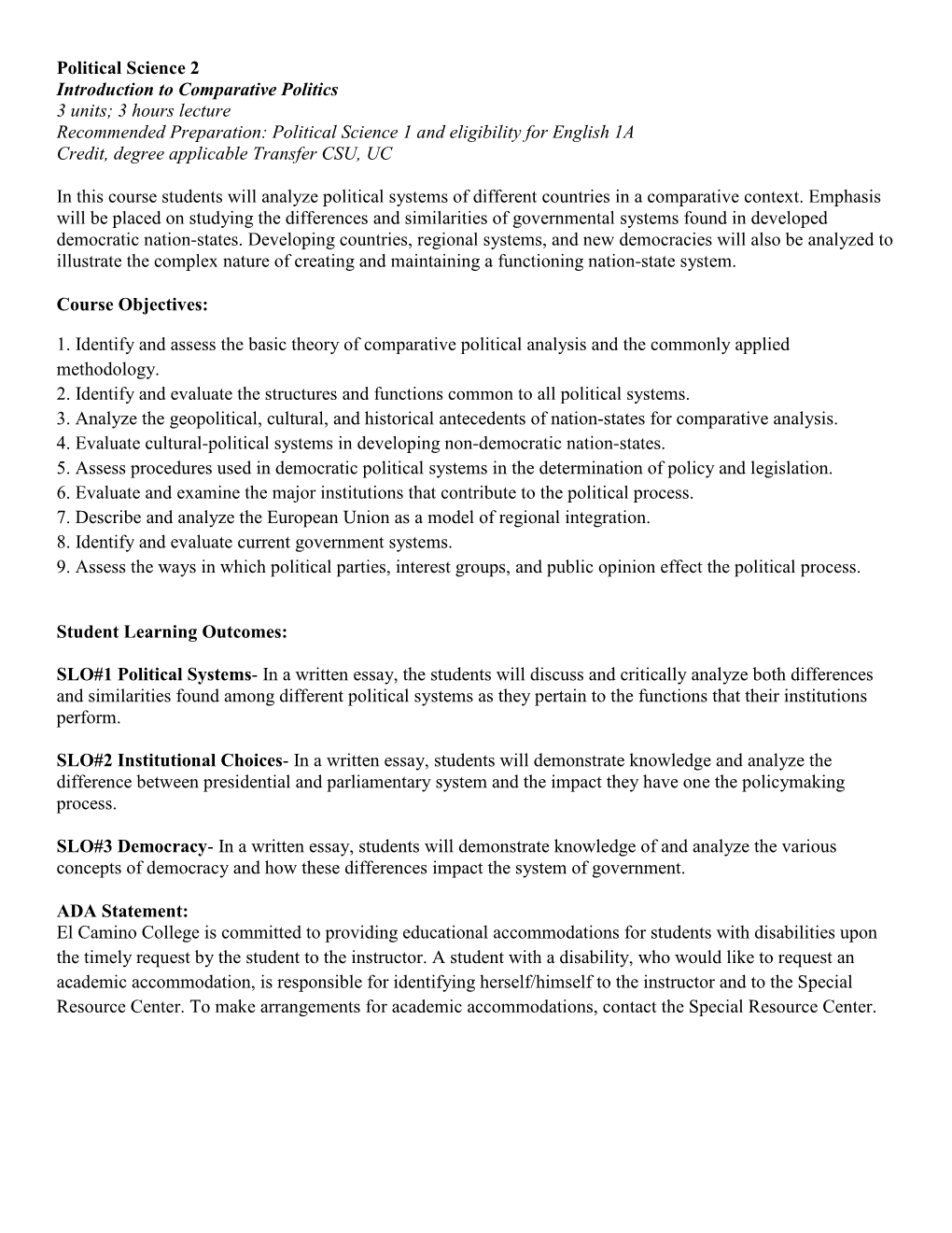 Political Science 2 Introduction to Comparative Politics 3 Units; 3