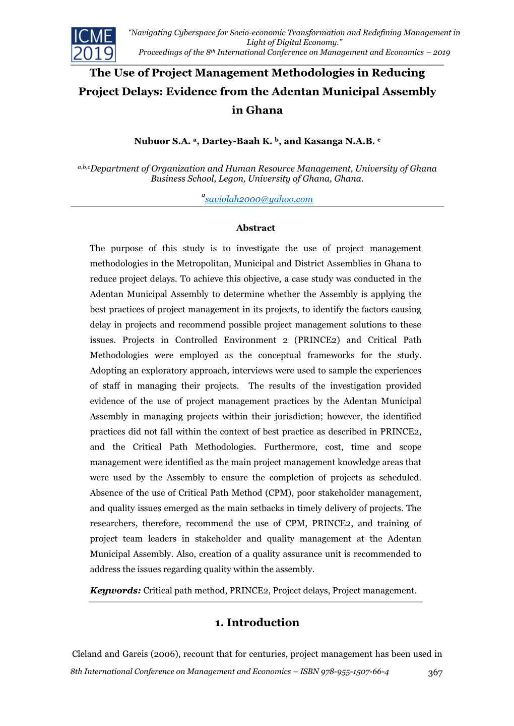 The Use of Project Management Methodologies in Reducing Project Delays: Evidence from the Adentan Municipal Assembly in Ghana