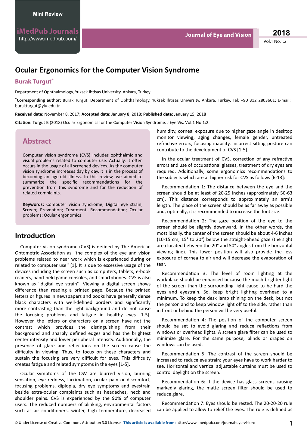 Ocular Ergonomics for the Computer Vision Syndrome Burak Turgut*