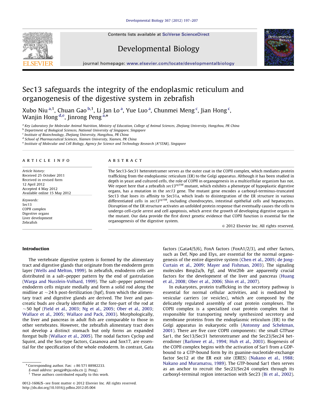 Sec13 Safeguards the Integrity of the Endoplasmic Reticulum and Organogenesis of the Digestive System in Zebraﬁsh