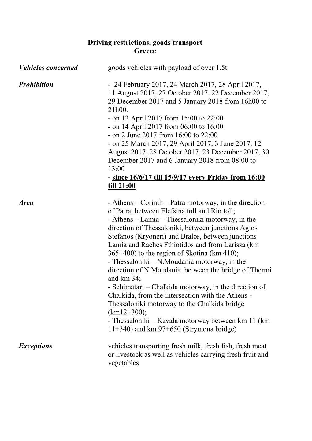 Driving Restrictions, Goods Transport Greece