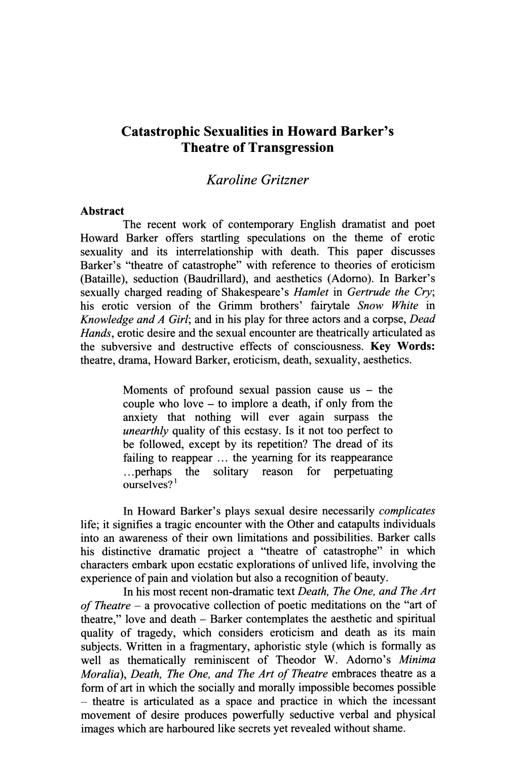 Catastrophic Sexualities in Howard Barker's Theatre of Transgression