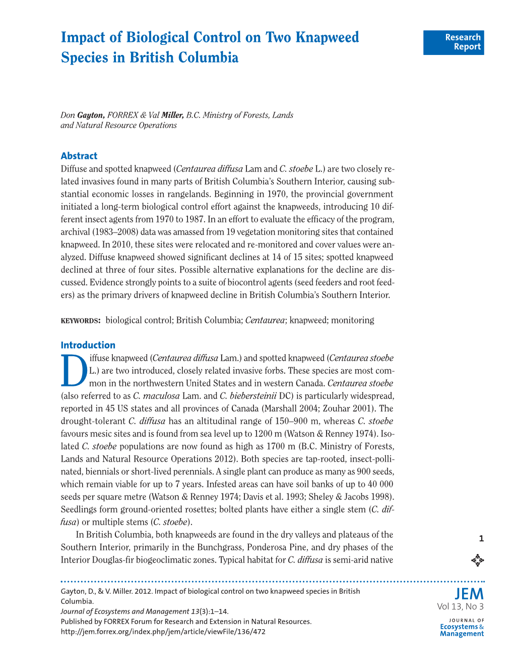 Impact of Biological Control on Two Knapweed Species in British Columbia