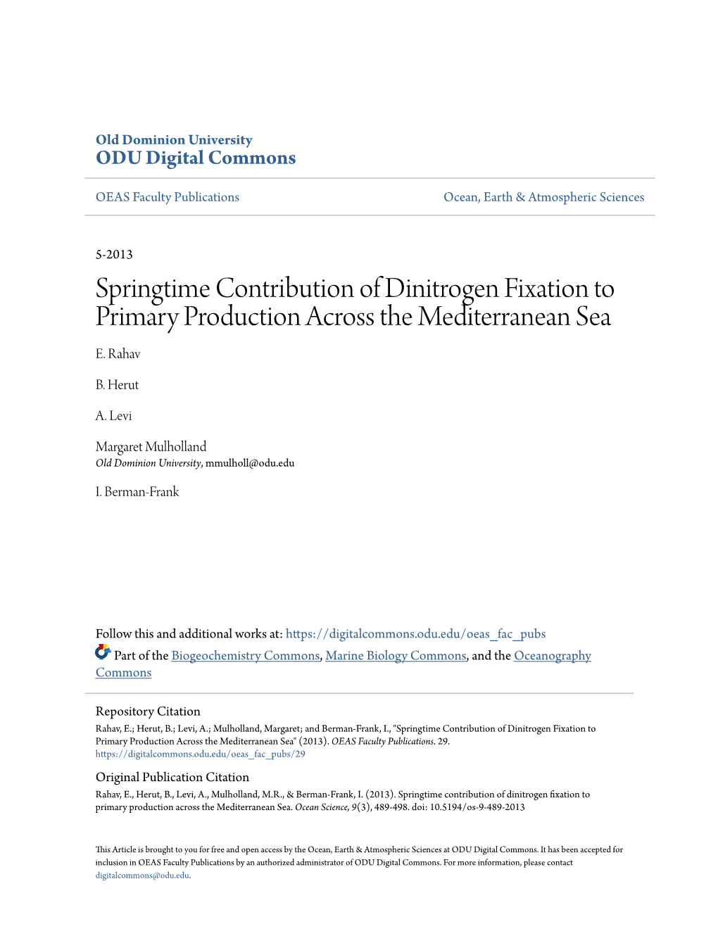 Springtime Contribution of Dinitrogen Fixation to Primary Production Across the Mediterranean Sea E