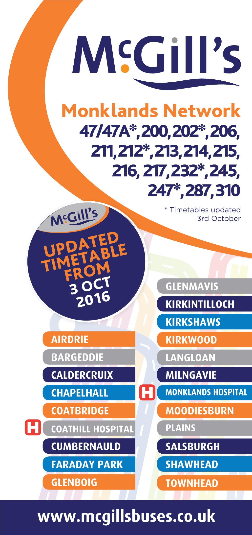 Monklands Network 47/47A*, 200, 202*, 206, 211, 212*, 213, 214, 215, 216, 217, 232*, 245, 247*, 287, 310 * Timetables Updated 3Rd October