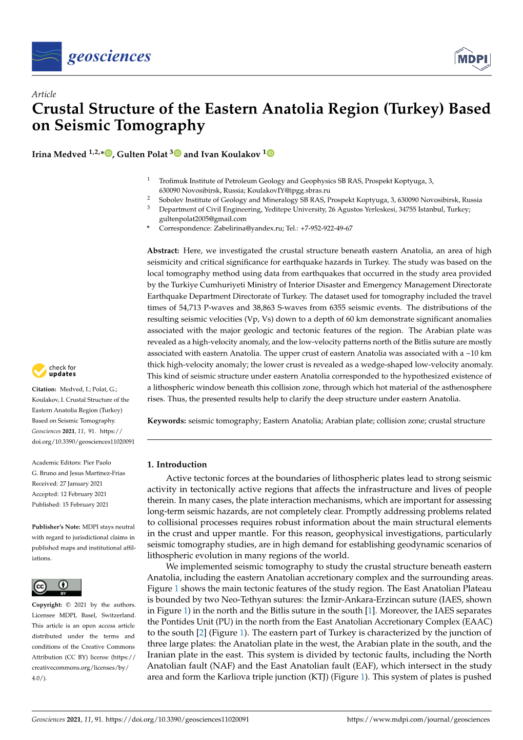 Crustal Structure of the Eastern Anatolia Region (Turkey) Based on Seismic Tomography