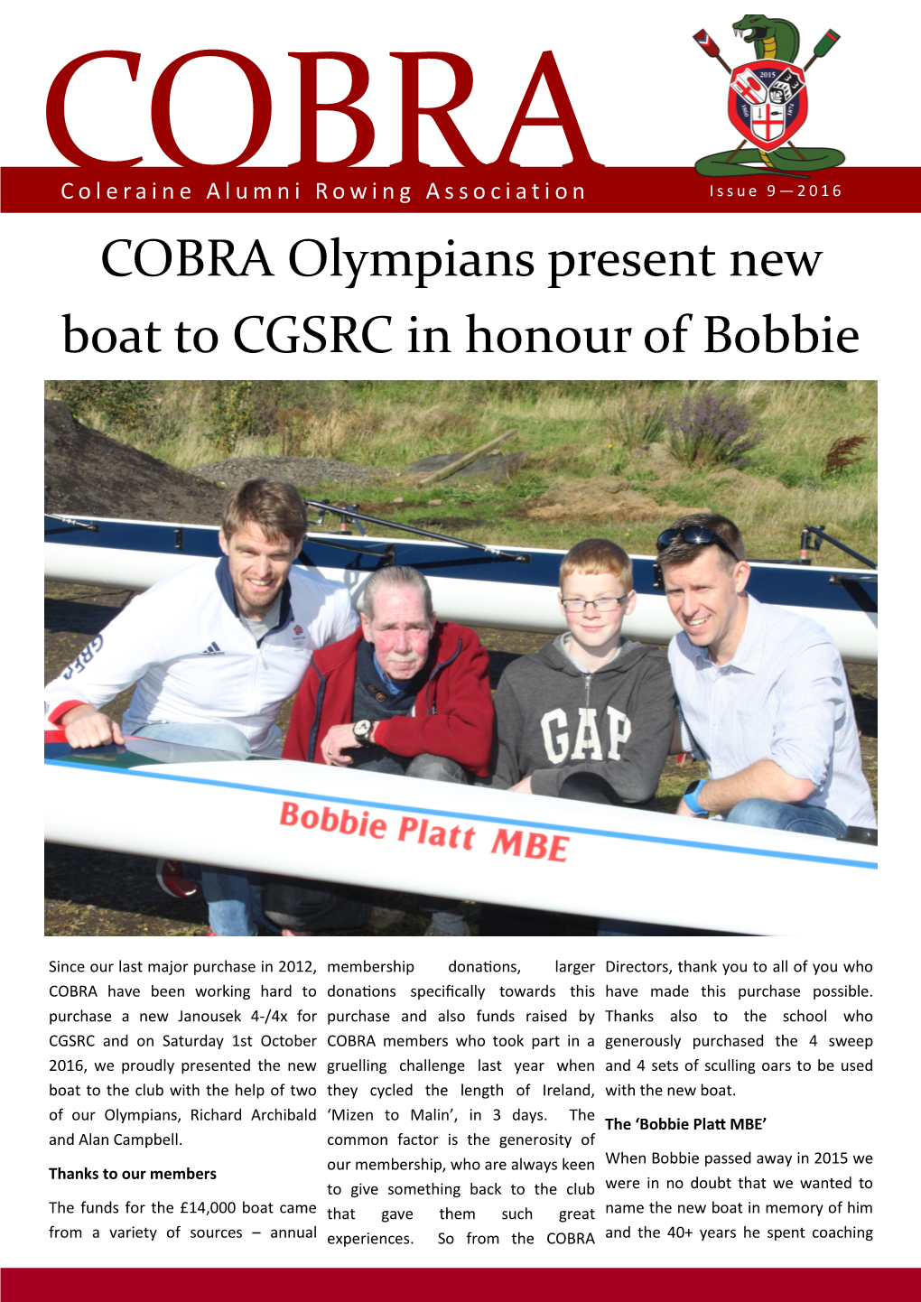 COBRA Olympians Present New Boat to CGSRC in Honour of Bobbie