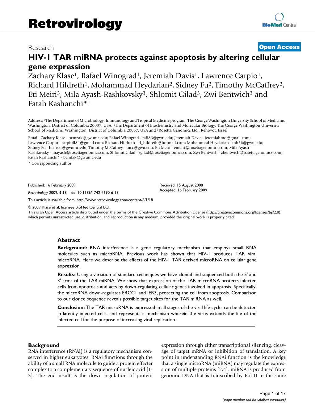 HIV-1 TAR Mirna Protects Against Apoptosis by Altering Cellular Gene