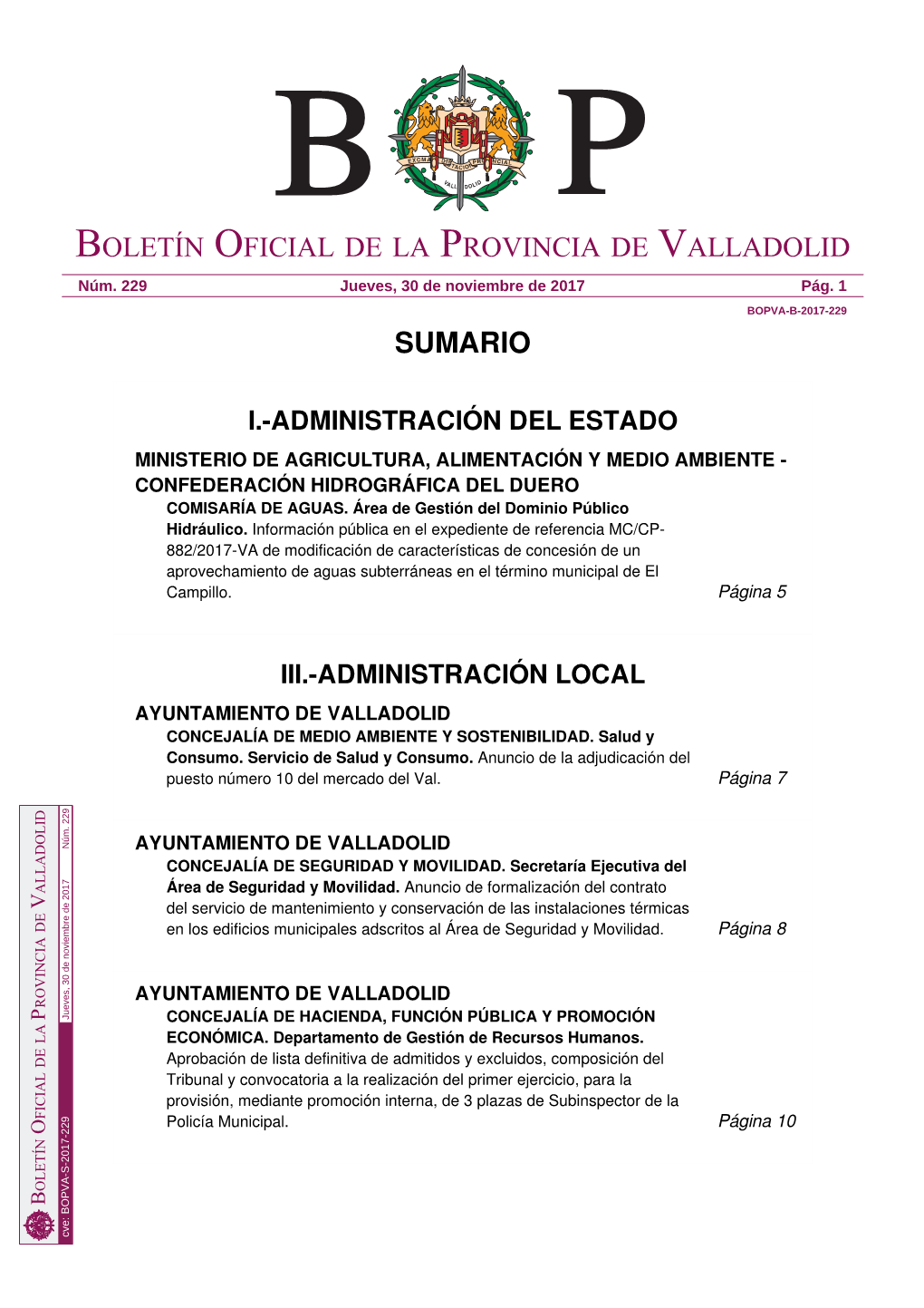 Sumario Boletín Oficial De La Provincia De Valladolid