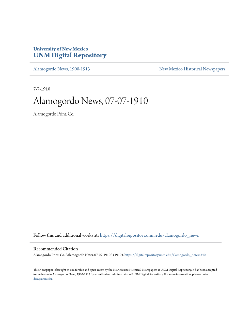 Alamogordo News, 07-07-1910 Alamogordo Print